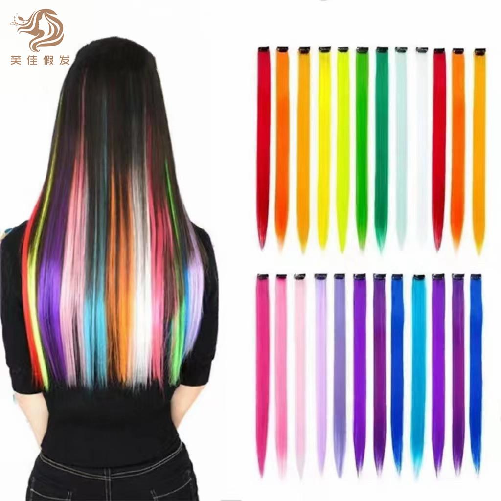Color Hair Piece Hanging Ear Dyed Hair Extension Color Stripes Matte High-Temperature Fiber Can Be Ironed with a Clip of Long Straight Hair Extension Source Factory Delivery full figure