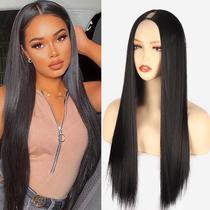 cross-border european and american style wig female hair extension long black straight hair synthetic wigs clip half headgear v part wigs