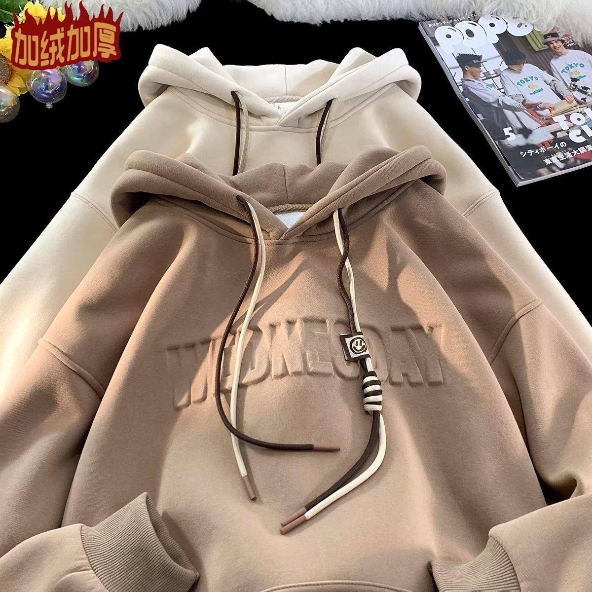 letter steel seal men's hooded heavy sweater spring, autumn and winter fleece-lined thickened fashion brand couple hoodie top clothes Specification drawing