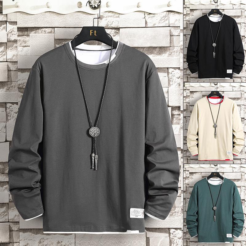 cotton base shirt men's spring and autumn thin long sleeve t-shirt loose all-match casual round neck solid color hoodie trendy t cross-border