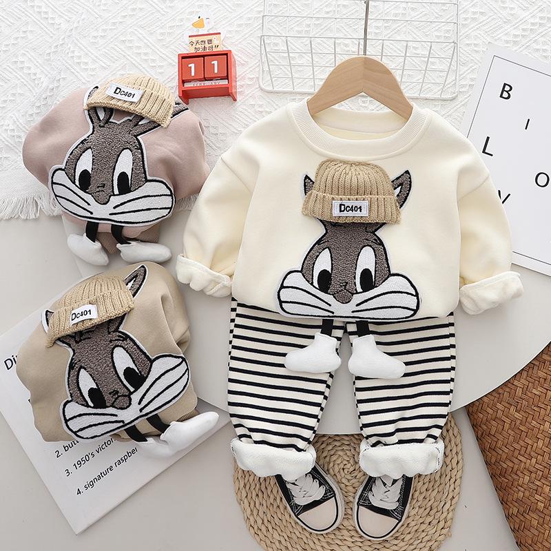 Boy Loose Western Style Brushed Hoody Striped Pants Suit Autumn and Winter Baby Boy 2024 New Winter Clothes Korean Style