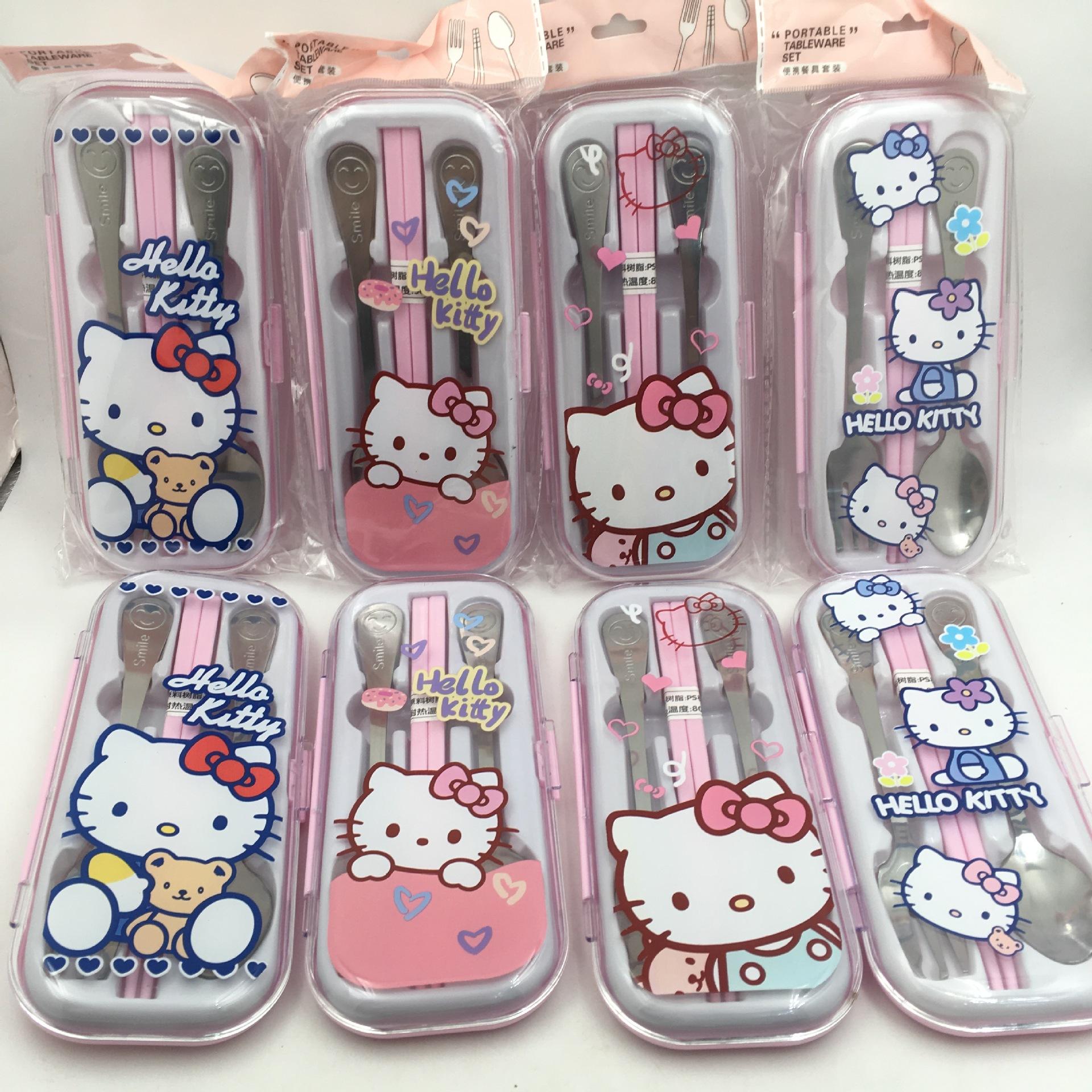 cute cartoon hello kitty 3-piece tableware set pink kaidi cat chopsticks spoon fork western tableware