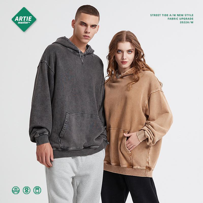 Artie Men's Clothing | Heavy 420G Vintage Batik Distressed Hooded Sweater Loose Wash Men's Fashion Brand New Hoodie Specification drawing