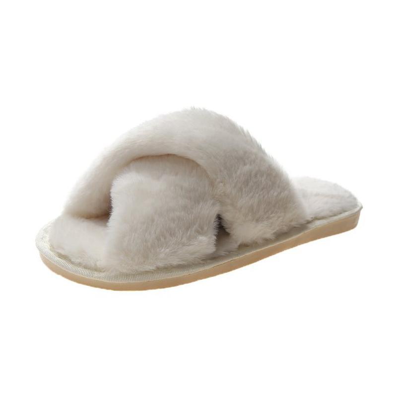 foreign trade fur cotton slippers female 2022 autumn and winter new ladies flat open toe home cross plush slippers wholesale Item Picture