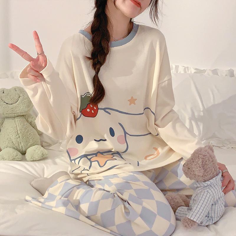 pajamas women's long-sleeved trousers sweet girl cute cartoon korean ladies home leisure suit spring and autumn can be worn outside details Picture