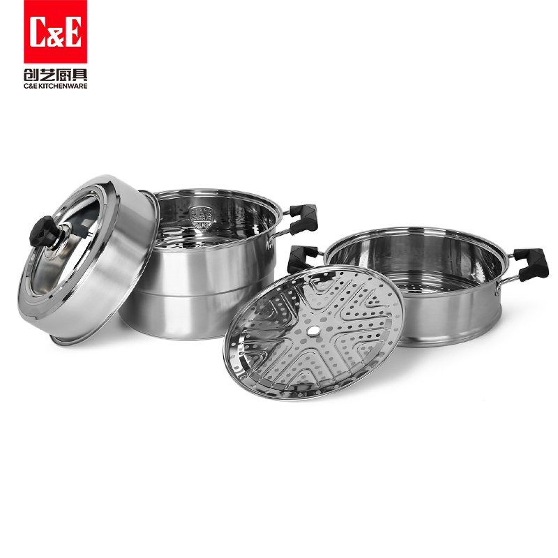 C&E Creative Stainless Steel steamer with double ears, high appearance level, top steaming and bottom boiling, three-layer steamer, soup pot, kitchenware for home use Application Scenario