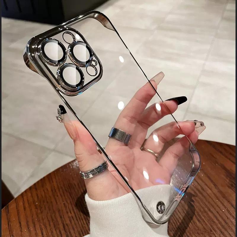 Applicable to Apple 15 Frameless Electroplating Phone Case Iphone14pro Ultra-Thin Pc Transparent Hard Case 13 Lens Protector