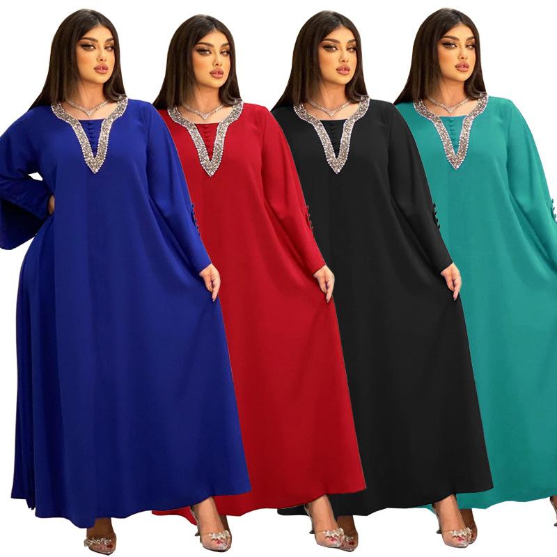 Ab264 Cross-Border Amazon Middle East Hot Selling Women's Wear Fashion plus Size Women Handmade Beaded Hot Drilling Dress Women