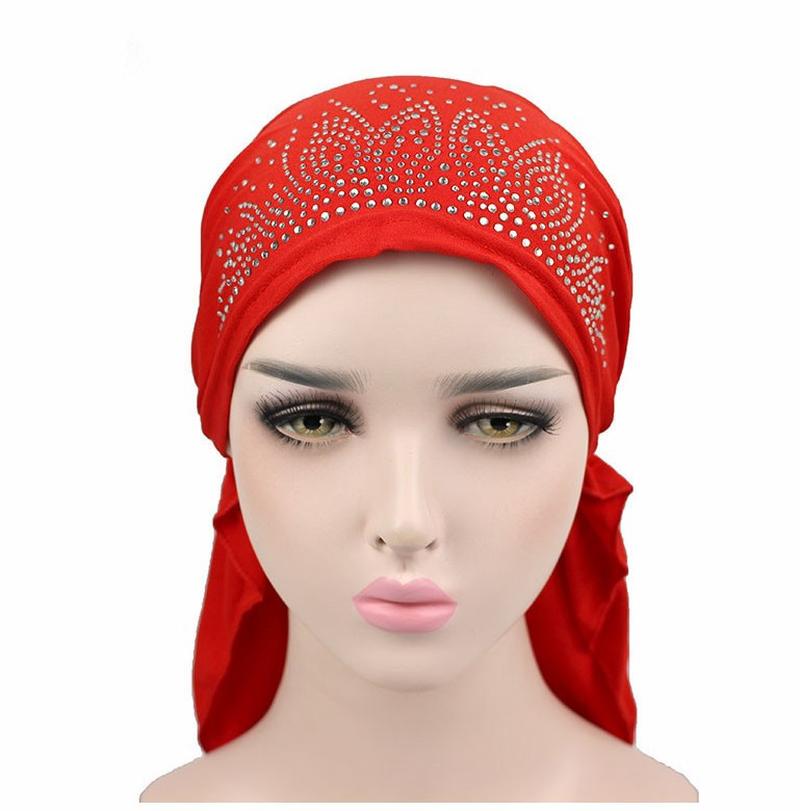 in stock stretch polyester fabric women's hot drilling toe cap women's turban hat