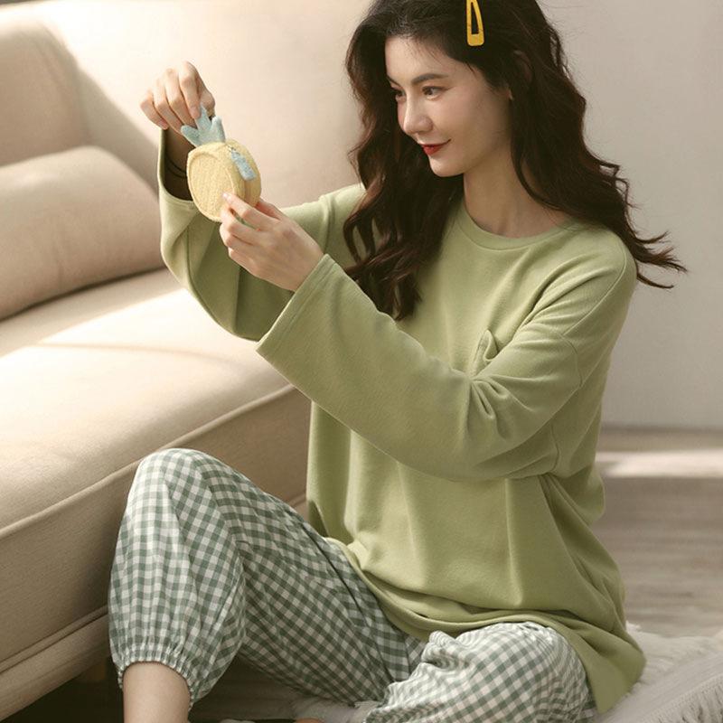 simple casual spring autumn pajamas women's korean-style solid color plaid fetish long sleeve outer wear loose home wear suit Specification drawing