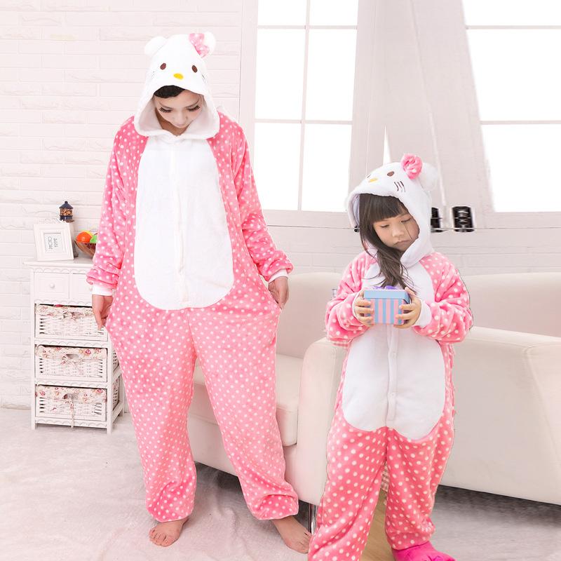 Cross-Border AliExpress Dots Hello Kitty Cartoon One-Piece Pajama Flannel Amazon Foreign Trade Home Wear Parent-Child Wholesale
