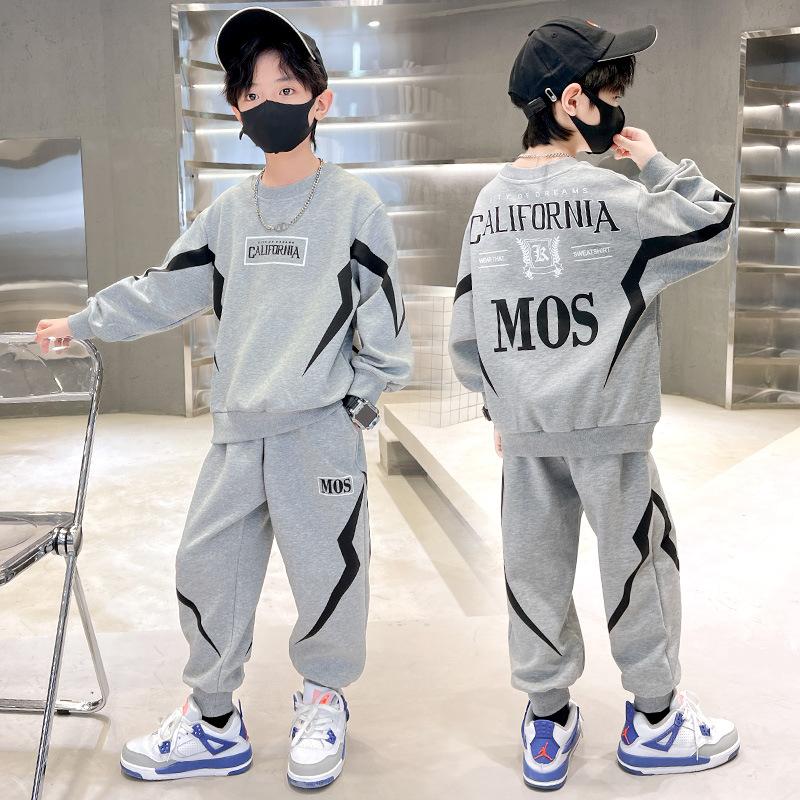 children's clothing boys' autumn and winter clothes suit 2023 new medium and large children boys brushed hoody casual western style two-piece set