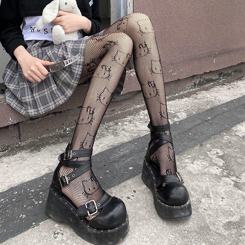 Kitty Hot Girl Hello Kitty Black Silk Fishnet Stockings Women's Jk Socks Ultra-Thin Romper Pierced Black Stockings Y2g Harajuku