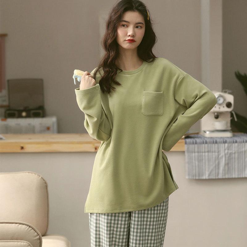 simple casual spring autumn pajamas women's korean-style solid color plaid fetish long sleeve outer wear loose home wear suit details Picture