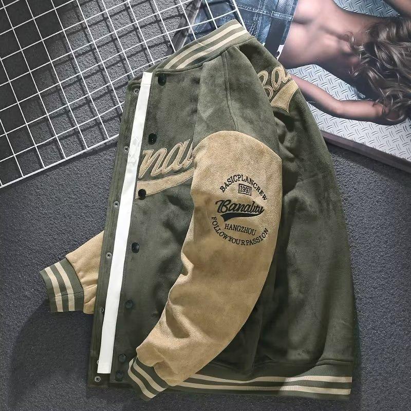 suede baseball uniform men's autumn and winter american retro jacket spring and autumn loose top embroidered pilot jacket fashion
