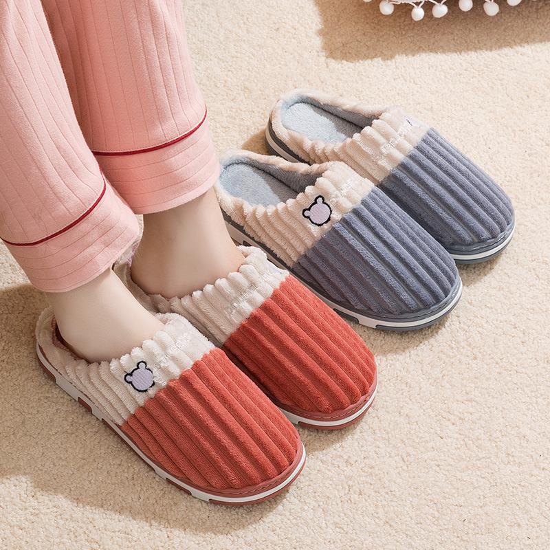 autumn and winter couple cotton slippers women's household indoor confinement warm non-slip plush home cotton slippers men's simple details Picture