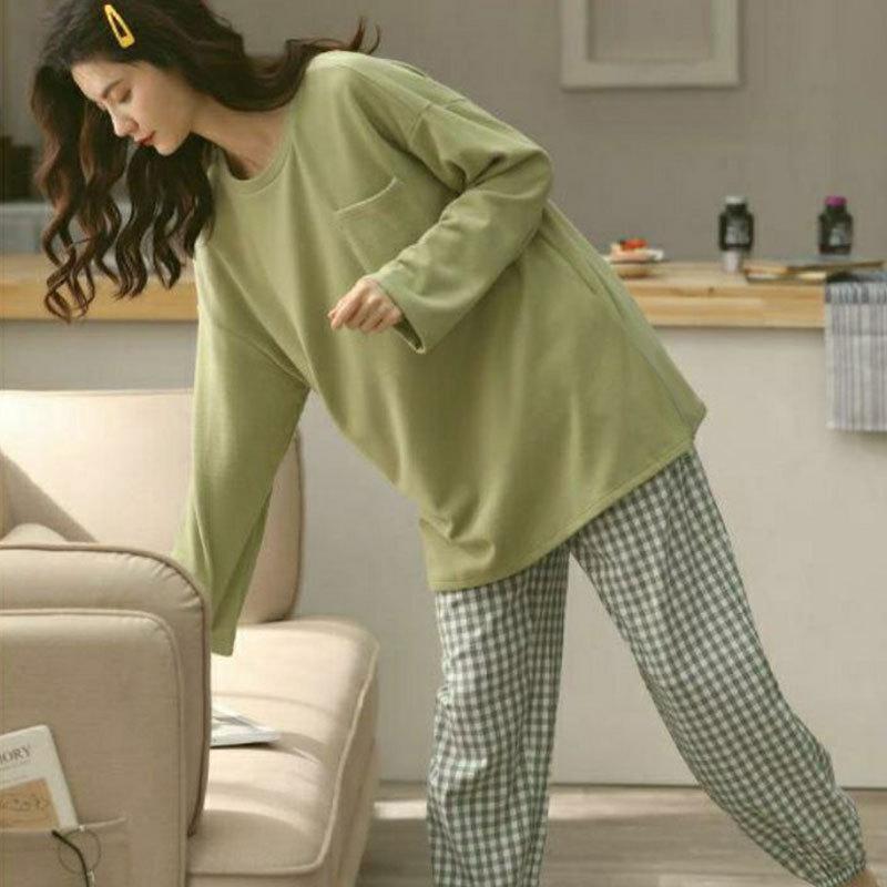 simple casual spring autumn pajamas women's korean-style solid color plaid fetish long sleeve outer wear loose home wear suit Application Scenario