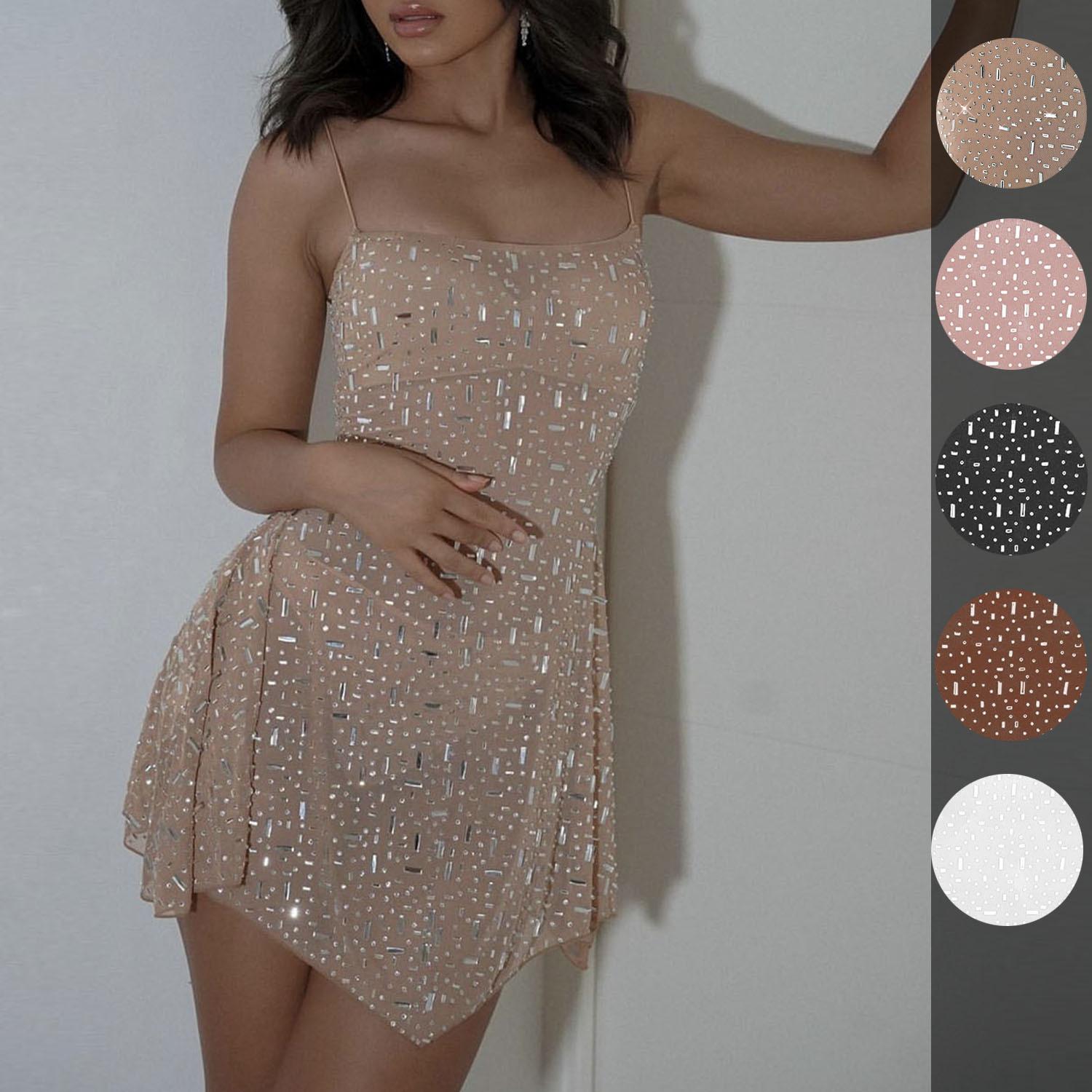 2023 cross-border hot women's clothing amazon aliexpress independent station party hot drilling semi see-through sling short dress