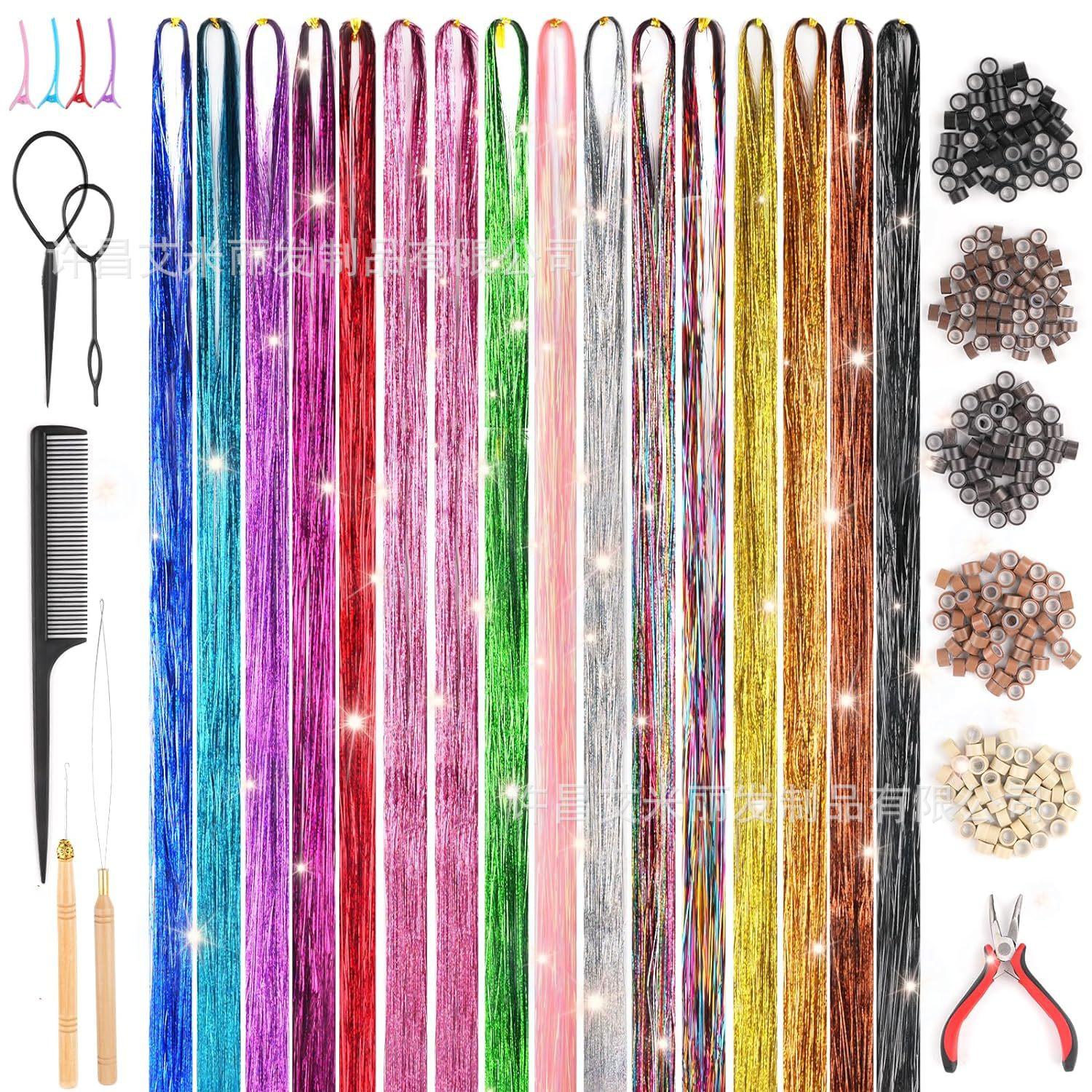 xuchang wig factory shiny colorful hairpiece gold and silver wire hair extension hair tinsel laser wire hair extension full figure