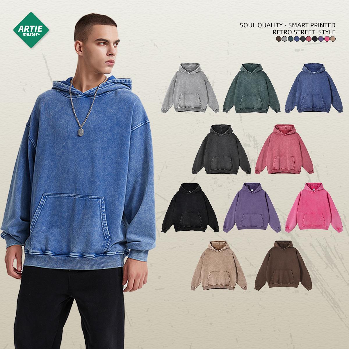 Artie Men's Clothing | Heavy 420G Vintage Batik Distressed Hooded Sweater Loose Wash Men's Fashion Brand New Hoodie full figure