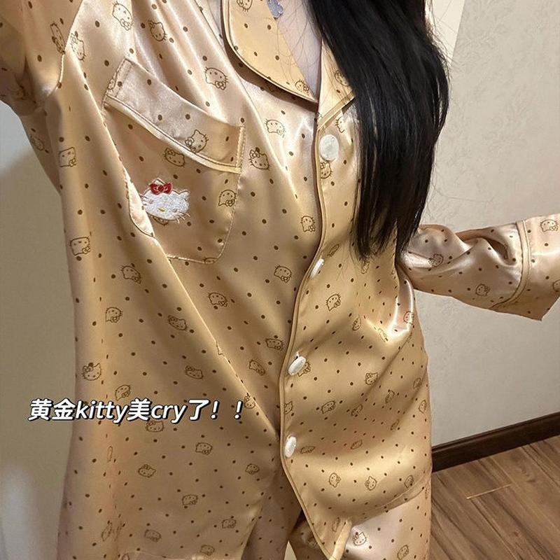 sleepwear foreign trade pajamas women's supply spring and autumn ice silk girl's home wear long sleeve trousers artificial silk