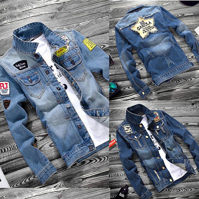 spring and autumn teenagers denim short gown coat jacket leisure ripped middle school students korean slim thin jacket trendy men
