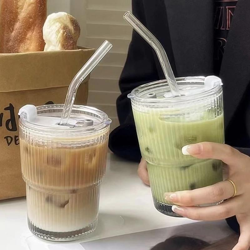 ins风竖条纹玻璃杯冰美式北欧风吸管冷饮杯家用大容量带盖竹节杯