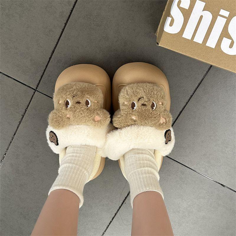 cute bear cotton slippers women's winter plus velvet snow boots outdoor non-slip warm home cotton shoes women's warm cotton slippers Specification drawing