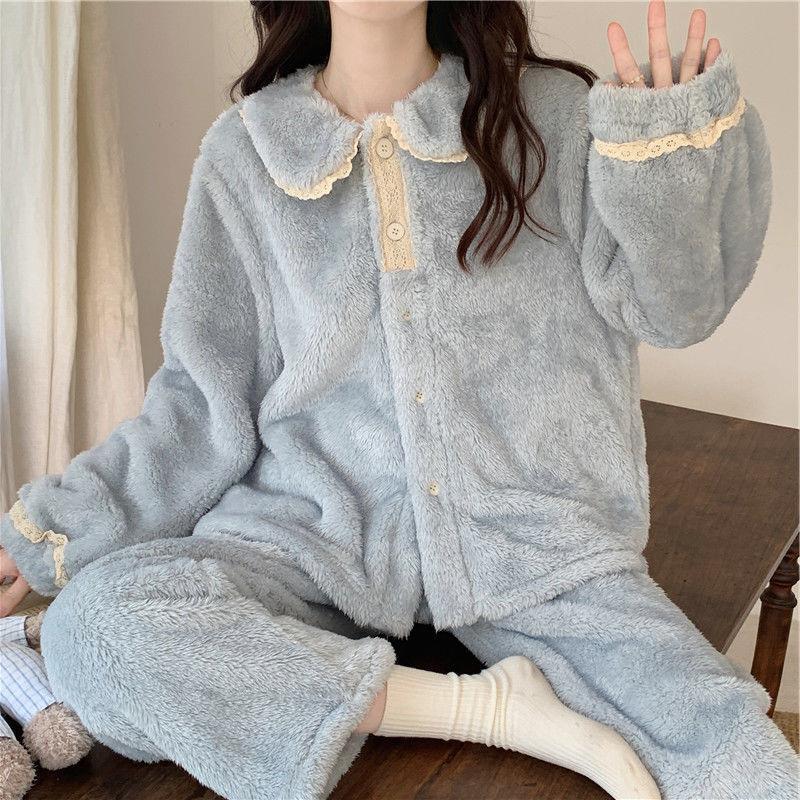 winter princess style pajamas women's flannel lace royal home wear korean coral fleece classic style thickened set details Picture