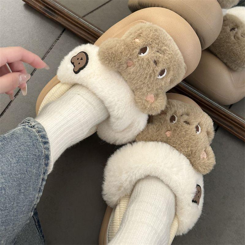 cute bear cotton slippers women's winter plus velvet snow boots outdoor non-slip warm home cotton shoes women's warm cotton slippers full figure