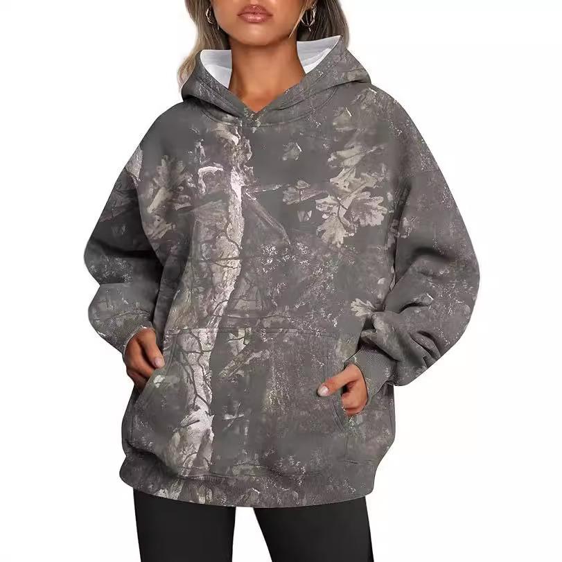amazon autumn new women's camouflage hoodie maple leaf print oversized sports hoodie with pocket break Item Picture