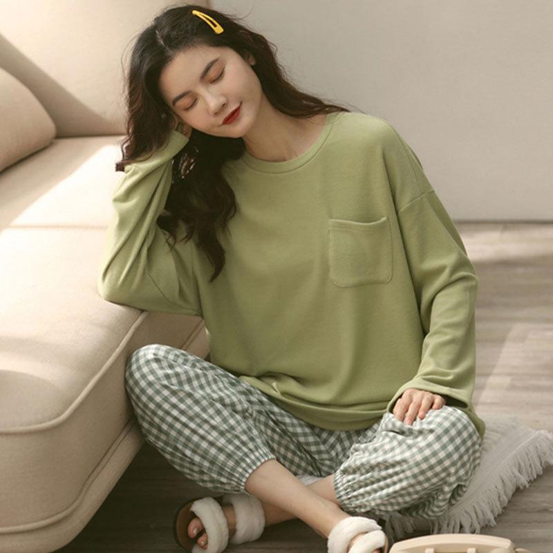 simple casual spring autumn pajamas women's korean-style solid color plaid fetish long sleeve outer wear loose home wear suit full figure