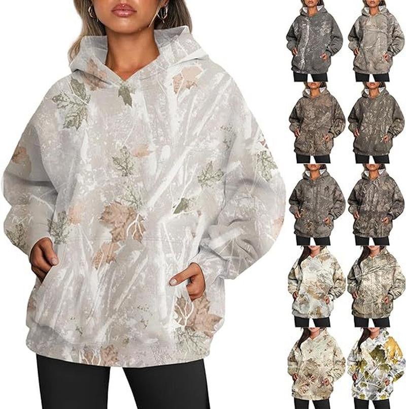 amazon autumn new women's camouflage hoodie maple leaf print oversized sports hoodie with pocket break full figure