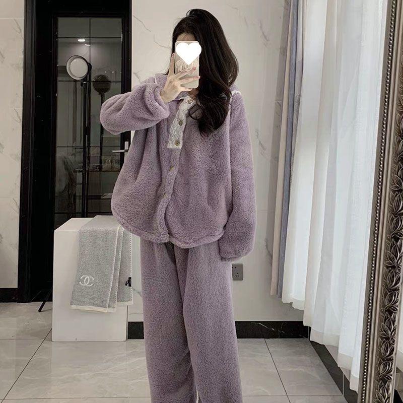 winter princess style pajamas women's flannel lace royal home wear korean coral fleece classic style thickened set Application Scenario