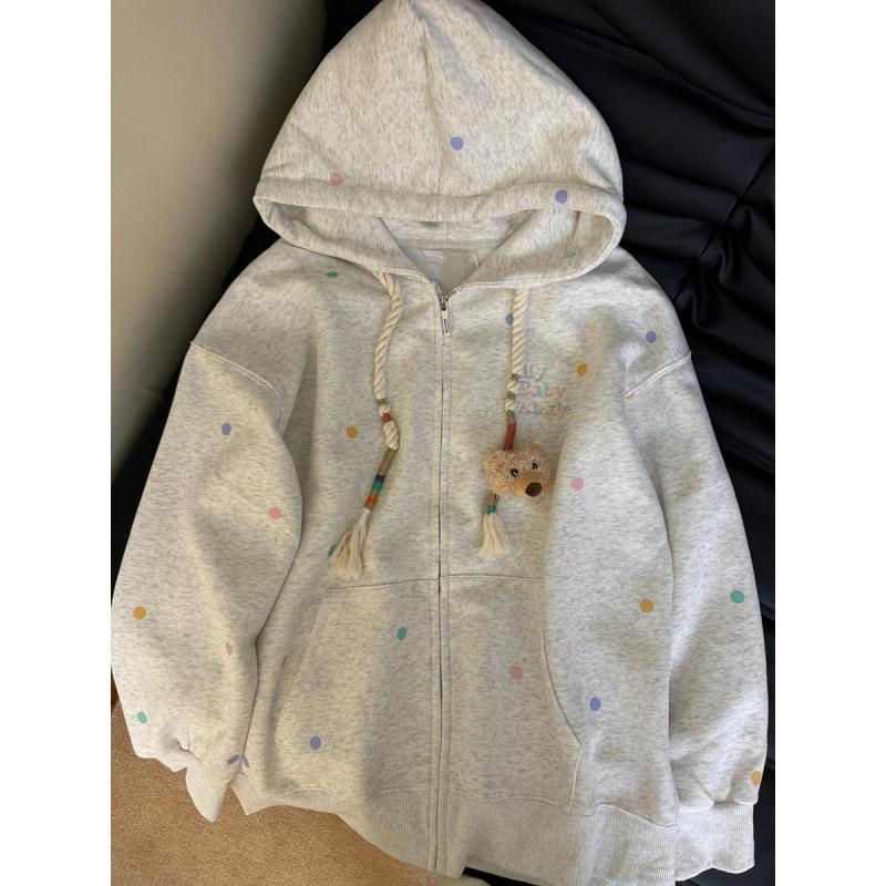 cute bear hoodie women fleece-lined thickened hooded cardigan coat autumn and winter 2024 new loose and idle hoodie