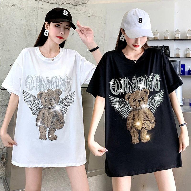 2023 new hot drilling t-shirt women's short-sleeved loose large size korean hot heavy industry diamond bottoming shirt t-shirt wholesale