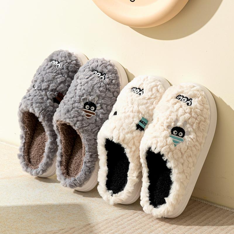 cotton slippers women's autumn and winter confinement indoor home non-slip thick bottom shit feeling velvet warm couple men full figure