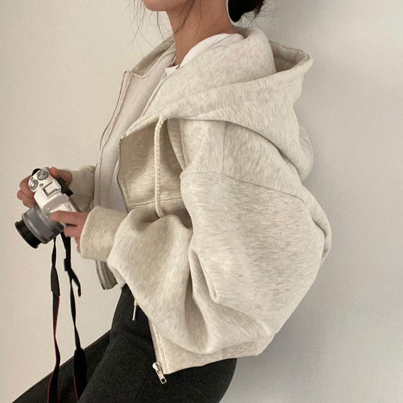 south korea chic spring concise temperament hoodie with drawstrings design sense niche loose long sleeve sweatshirt cardigan women