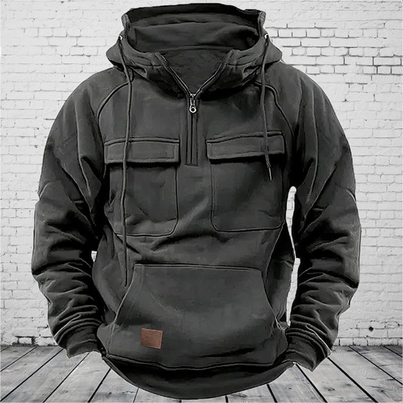 foreign trade cross-border 2023 autumn and winter new hoodie men's tooling solid color loose-fitting large size casual sweatshirt coat