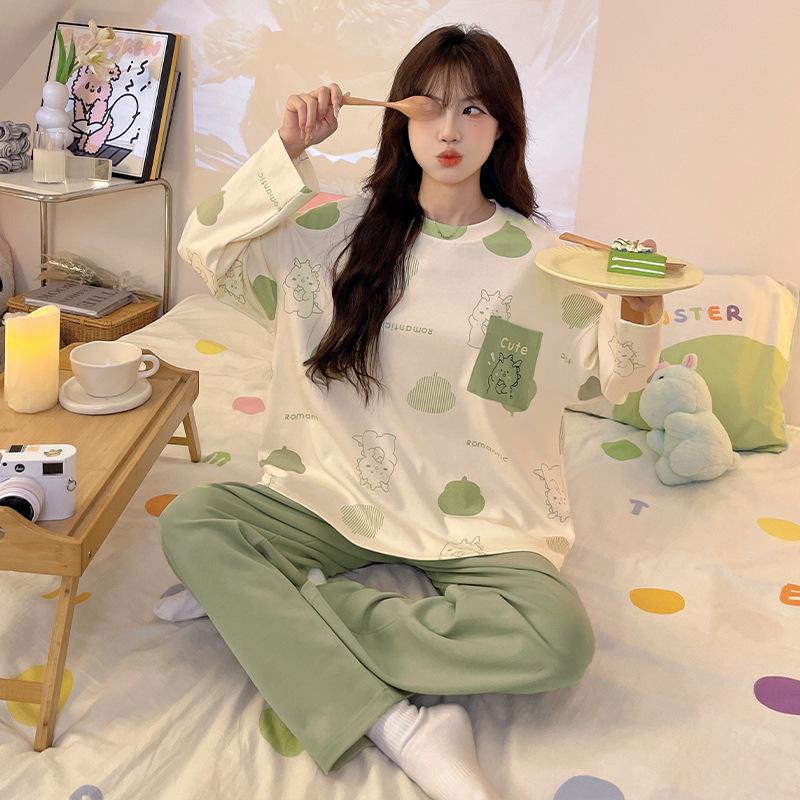 pajamas women's long-sleeved trousers sweet girl cute cartoon korean ladies home leisure suit spring and autumn can be worn outside full figure