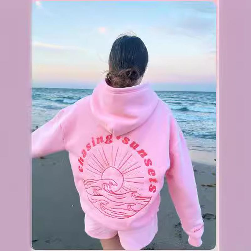 2024 new european size women's drop-shoulder sleeve thread chasing sunsets brand sweater hoodie printing