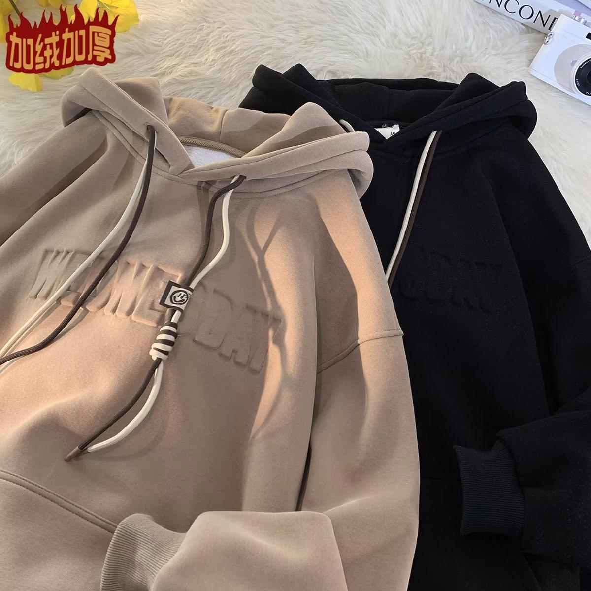 letter steel seal men's hooded heavy sweater spring, autumn and winter fleece-lined thickened fashion brand couple hoodie top clothes Item Picture