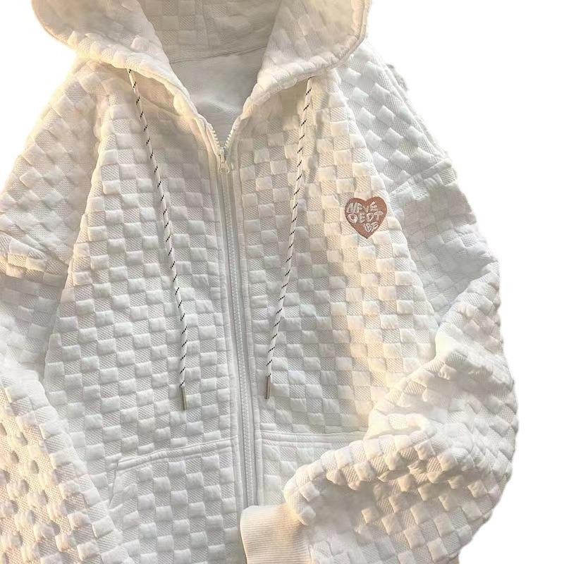 2023 early autumn clothing new hoodie women's loose waffle korean style versatile design sense long sleeve cardigan jacket Item Picture