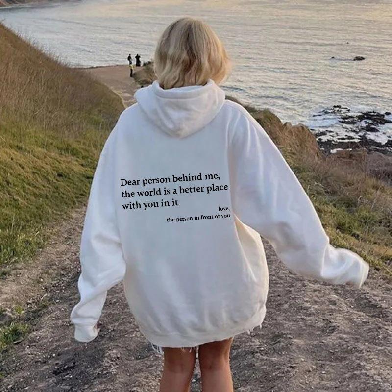 foreign trade women's brushed hoody plain letter printed kangaroo pocket drawstring printed hoodie