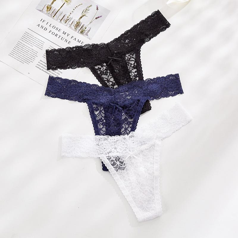 foreign trade supply sexy lace ladies t-back european and american transparent cutout t-shaped panties low waist large size ladies' underwear details Picture
