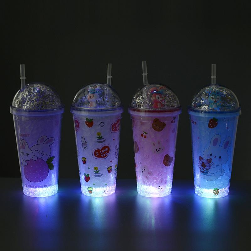 new creative cartoon double plastic straw cup bunny with straw summer ice cup children's led cup with light details Picture