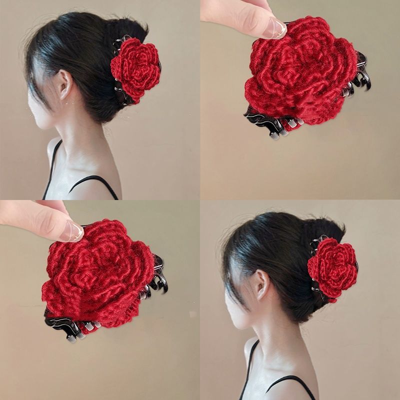 Cute red rose flower clips, New Year red handcrafted flower art hair clips, Chenmo accessories, hair clips wholesale detail image 3