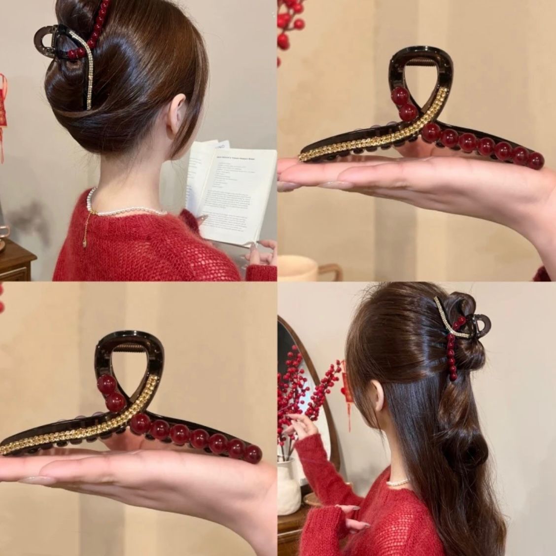 For the New Year, the Ankela Red Shark Clip is a high-end French style. It has less hair at the back of the head and is half-tied with a grappling clip. It exudes a sense of elegance and sophistication Item Picture