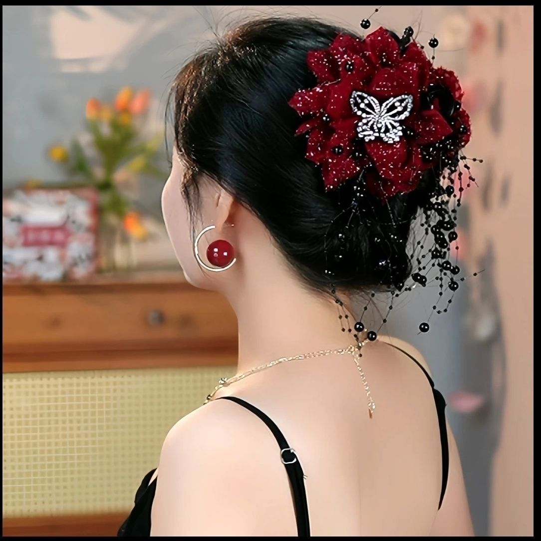 A new Korean-style, retro, versatile and fashionable headpiece with bright silk, flower, butterfly, tassel, shark, and a large hairpin at the back of the head detail image 6