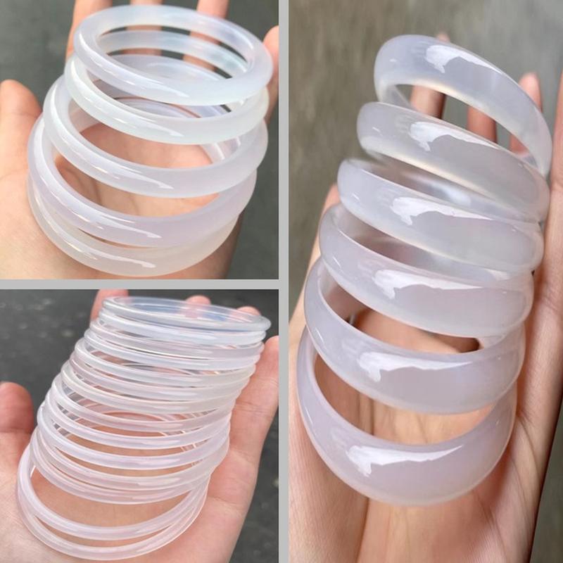 Brazil Ice-like White Chalcedony Bracelet Thin Thick Ice Transparent Agate Bracelet White Ice Retro round Bar Jade Bracelet Live Broadcast Goods